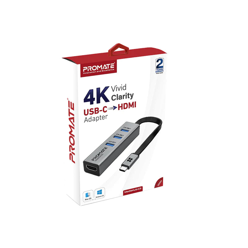 Promate 4-in-1 4K Vivid Clarity USB-C to HDMI Adapter | MediaHub-C3