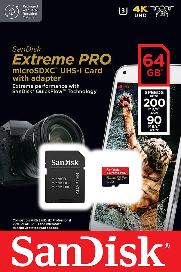 SanDisk 64GB Extreme PRO microSDXC UHS-I Card + SD Adapter | SDSQXCU-064G-GN6MA