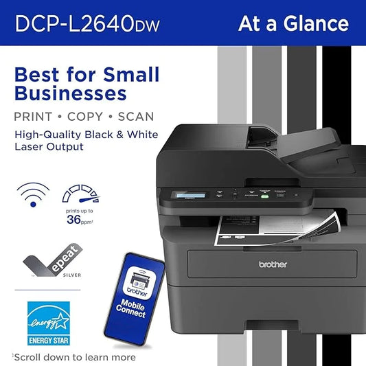 Brother DCP-L2640DW Series Wireless Monochrome 3-in-1 Laser Printer, 36 ppm in Black, 250 Sheets, Mobile Printing, Automatic Two-Sided Printing, Refresh Subscription Trial, Gray, with MTC Printer Cable